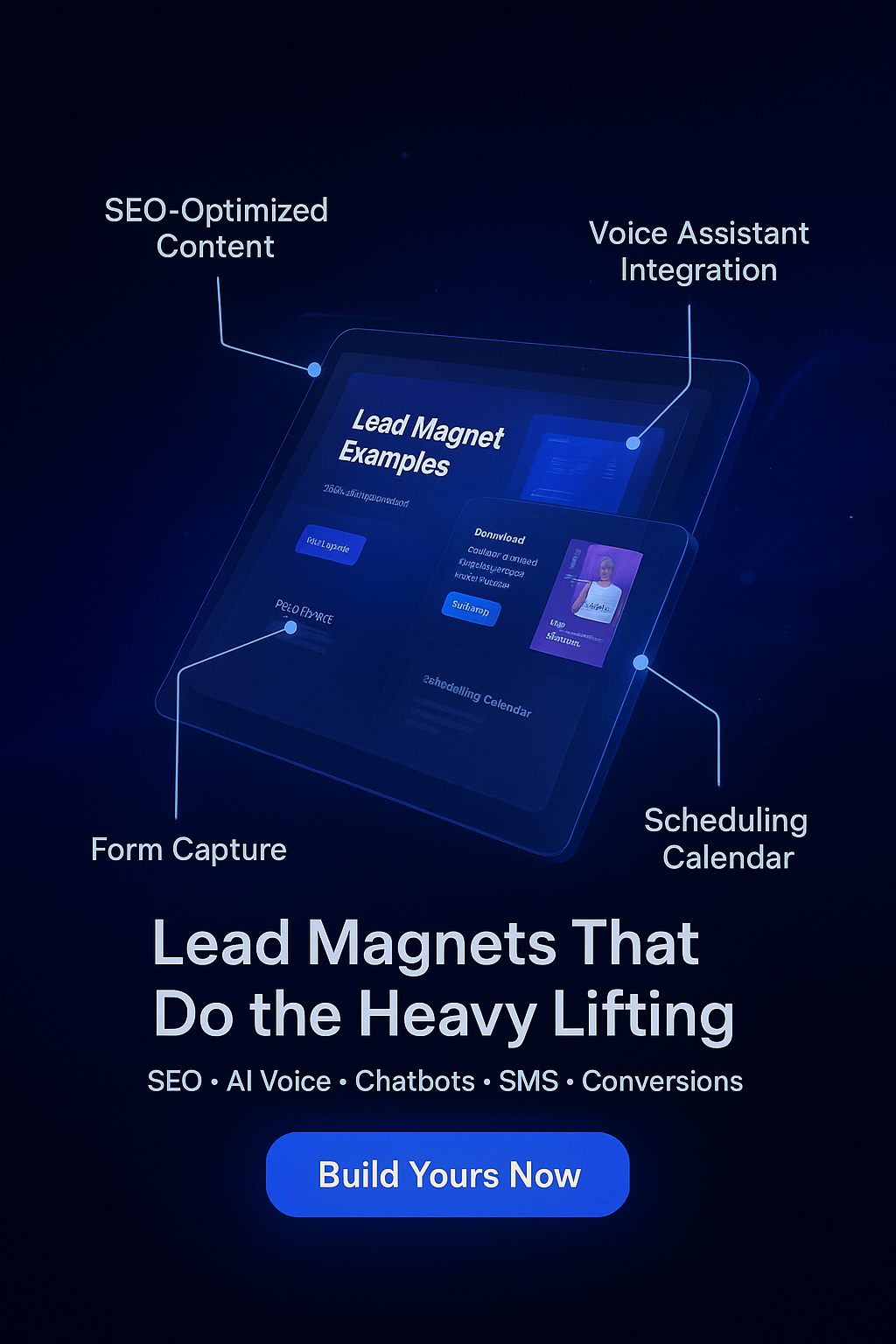 AI-powered lead magnet dashboard featuring SEO-optimized content, voice assistant integration, form capture, and scheduling calendar for business automation